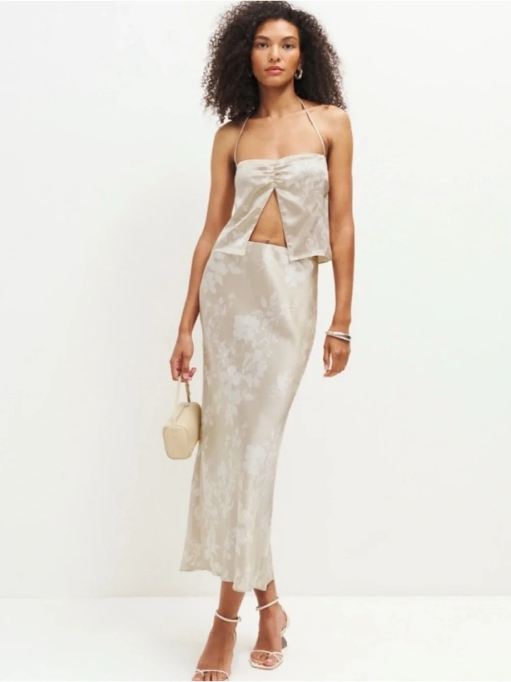 Reformation Champagne Beba Silk Satin Top & Midi Skirt Set